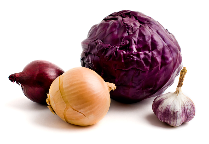 Heads of red cabbage, onions, garlic